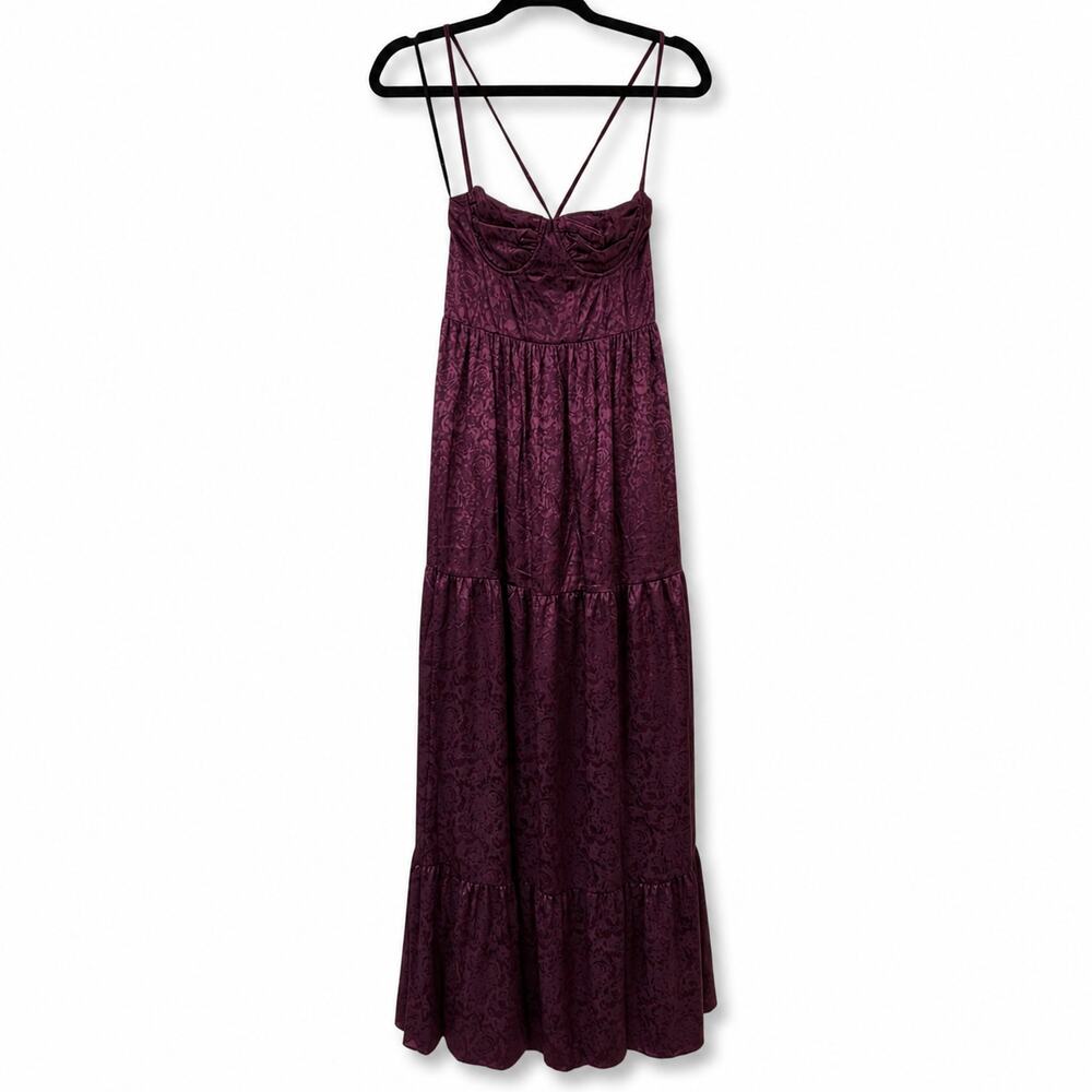 NEW Lulus Vasilia Plum Purple Satin Jacquard Full Tiered Corset Maxi Dress Small - Picture 6 of 11